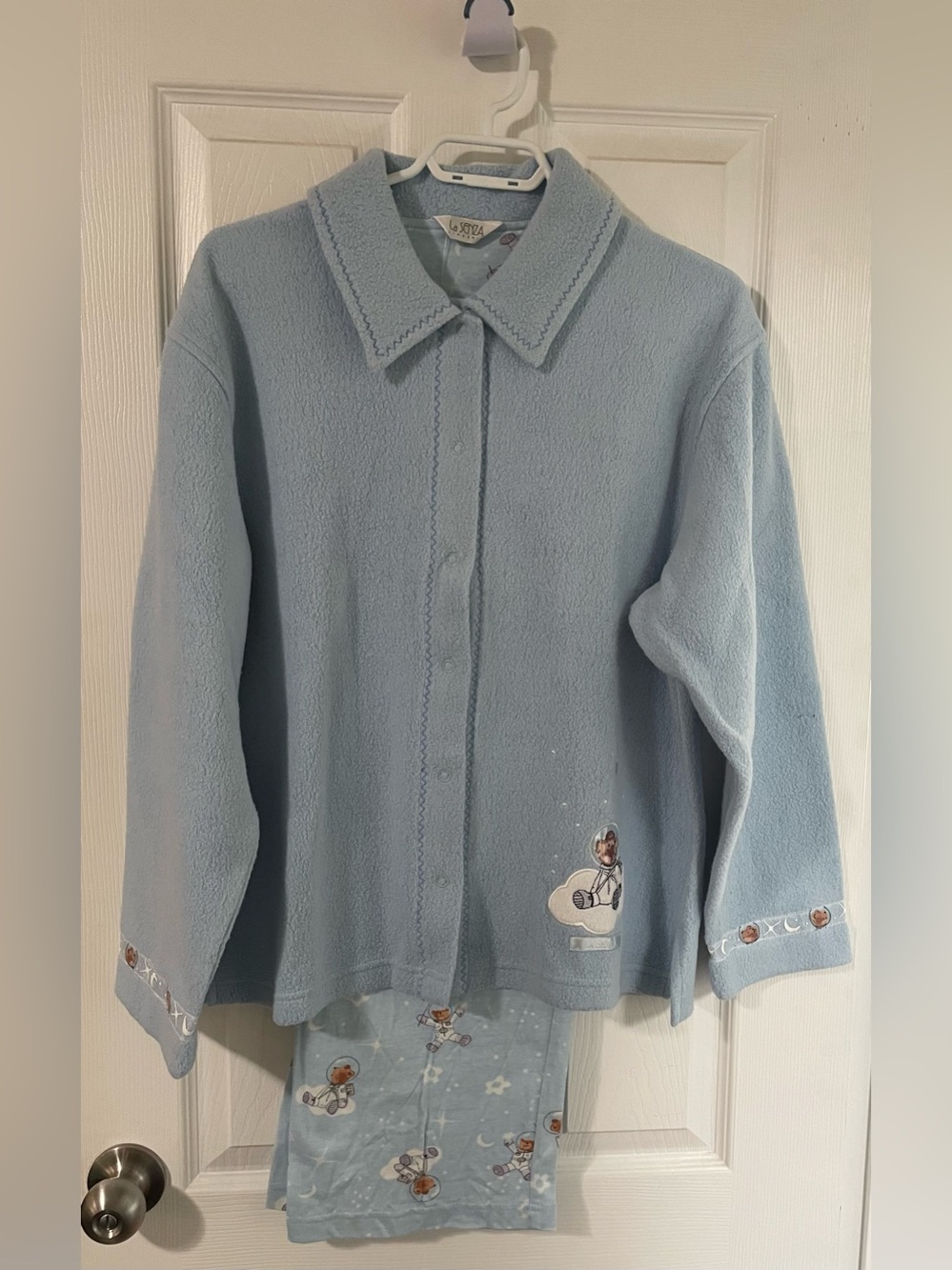 🌸 NEW La Senza Light Blue Fleece Pajama Set with Bear Embroidery Size Medium